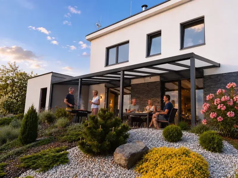 Hliníková pergola ALcentrum u showroomu ve Veselí